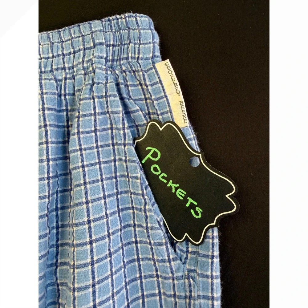 Geoffrey Beene Mens Pajama Pants Large Blue White Check 100% Cotton Lounge Sleep